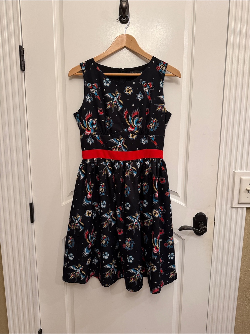 Sourpuss Black Dress with Red Waistband and Multicolor Bird Print M